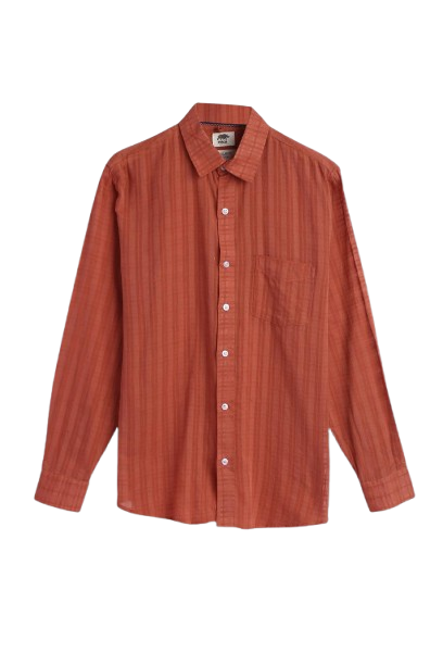 Close-up of rouge cotton shirt showing bold floral print